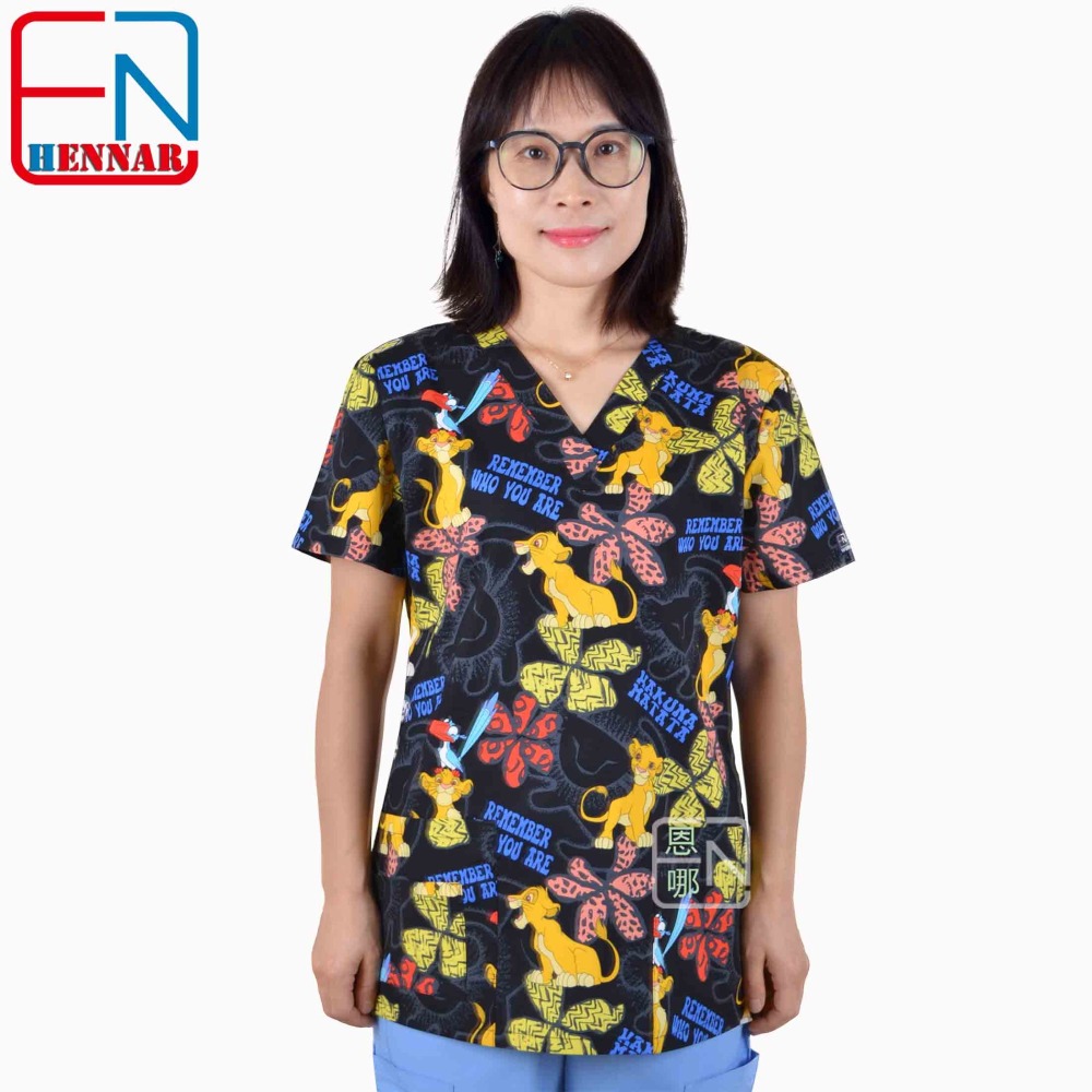 Hennar Women Stretchy Medical Scrub Top With V-Neck 100% Cotton Print Surgical Medical Uniforms Hospital Nurse Scrub Tops