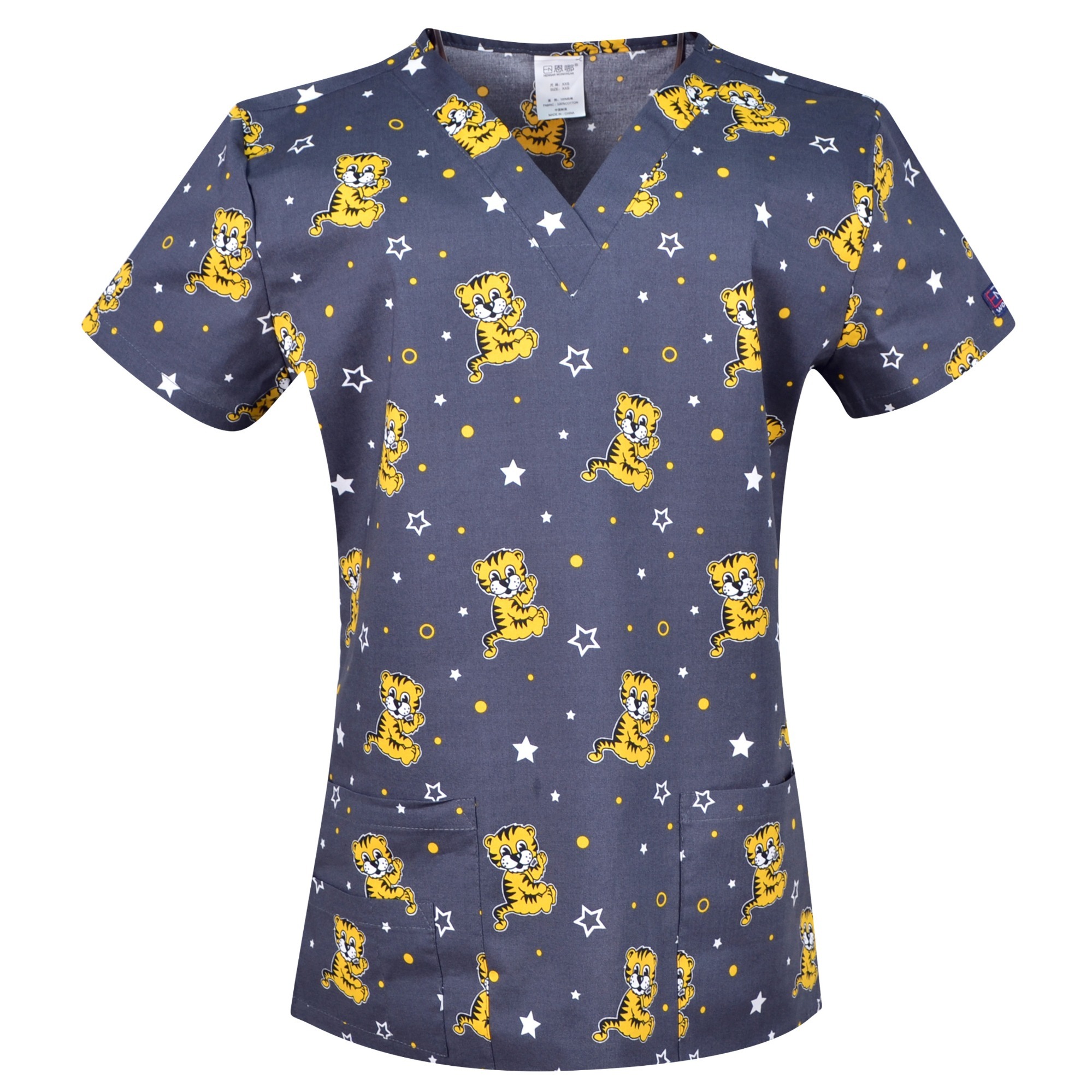 Hennar Women Scrub Top With V-Neck 100% Cotton Print Surgical Medical Uniforms Vet Scrub Tops Cats Dogs Animals