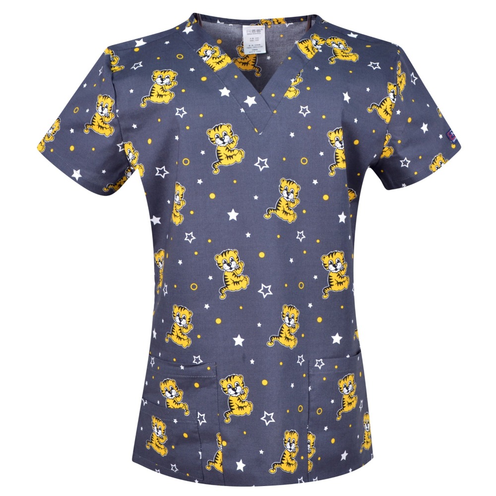 Hennar Women Scrub Top With V-Neck 100% Cotton Print Surgical Medical Uniforms Vet Scrub Tops Cats Dogs Animals