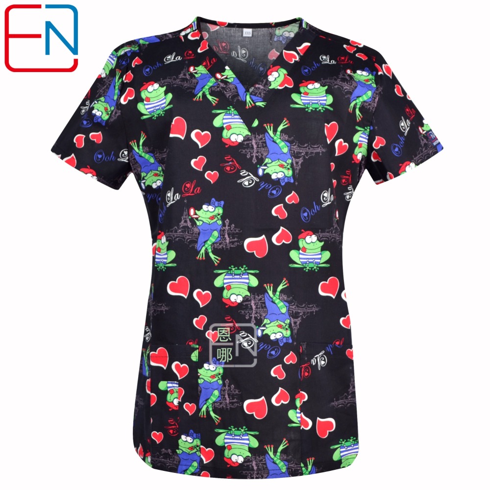 Hennar Women Scrub Top With V-Neck 100% Cotton Print Surgical Medical Uniforms Vet Scrub Tops Cats Dogs Animals
