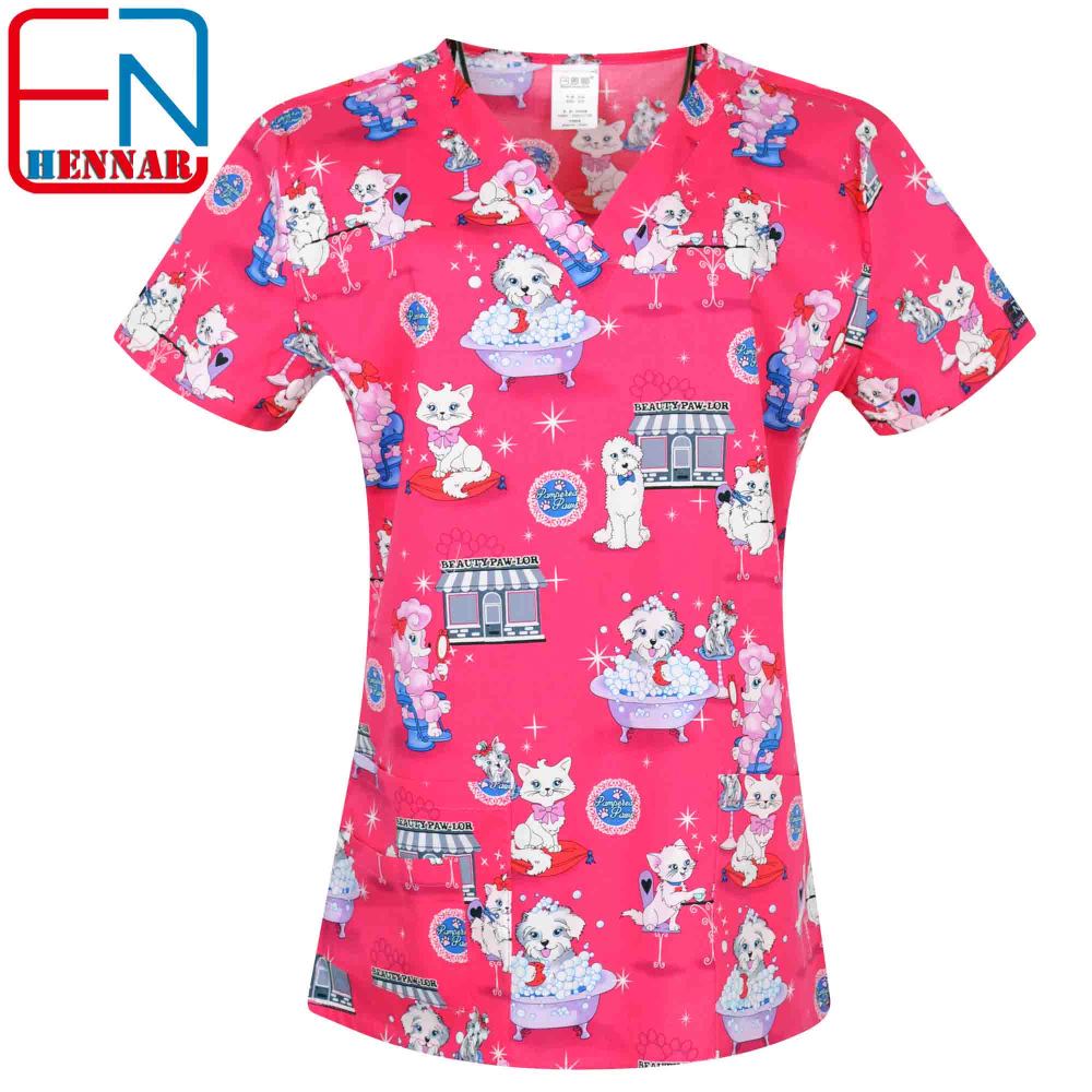 Hennar Women Scrub Top With V-Neck 100% Cotton Print Surgical Medical Uniforms Vet Scrub Tops Cats Dogs Animals