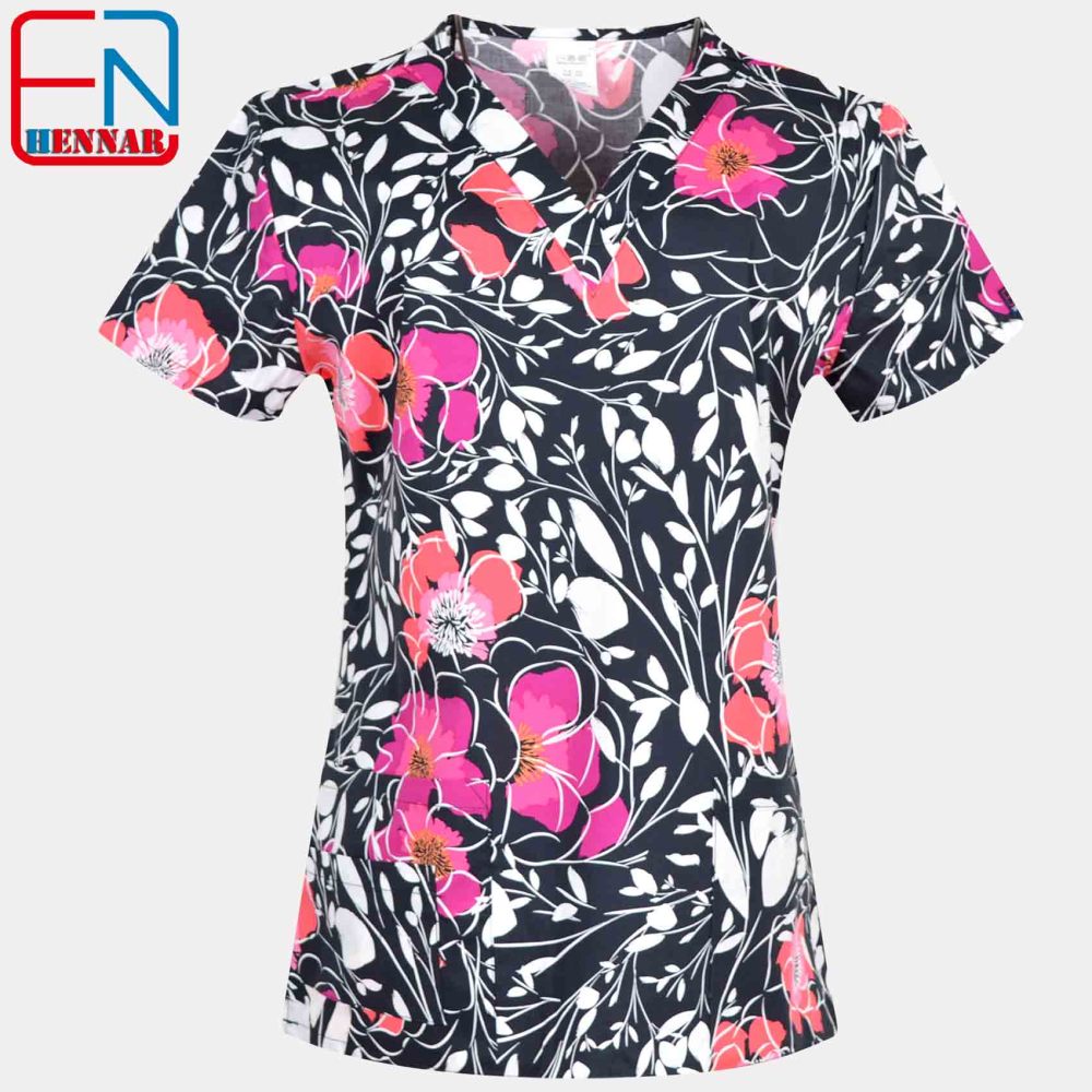 Hennar Women Stretchy Medical Scrub Top With V-Neck 100% Cotton Print Surgical Medical Uniforms Hospital Nurse Scrub Tops