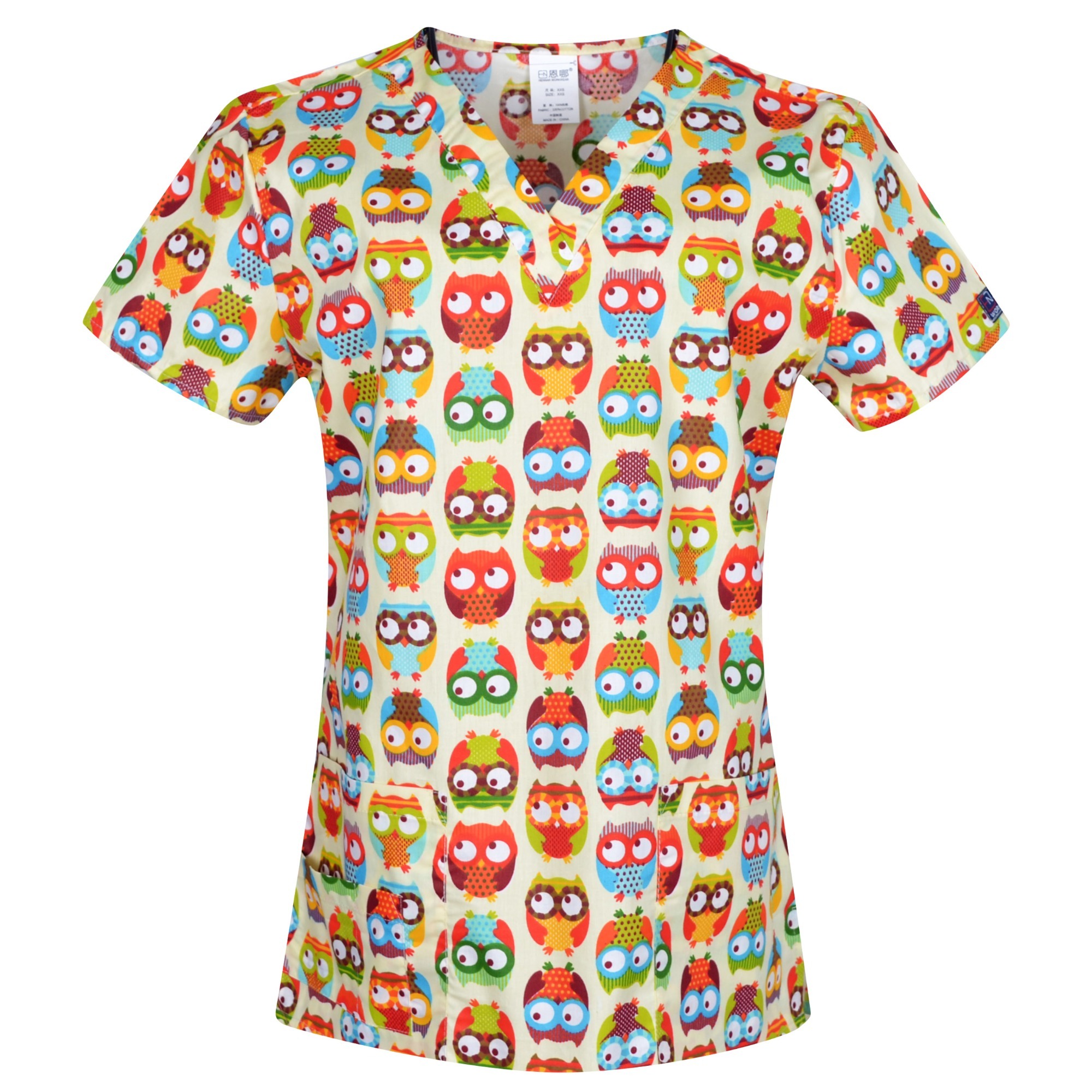 Hennar Women Scrub Top With V-Neck 100% Cotton Print Surgical Medical Uniforms Hospital Nurse Scrub Tops For Women Owl Serials