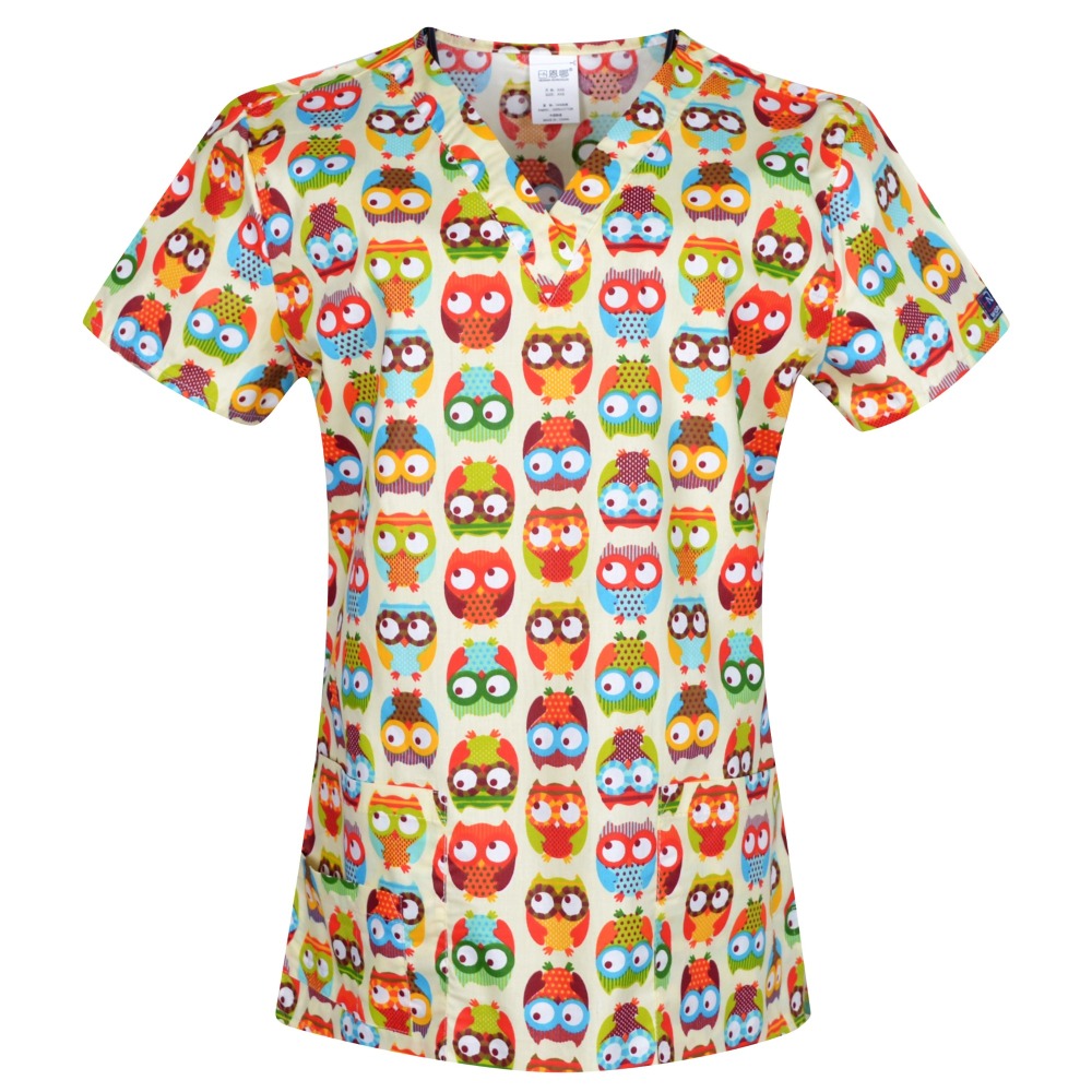 Hennar Women Scrub Top With V-Neck 100% Cotton Print Surgical Medical Uniforms Hospital Nurse Scrub Tops For Women Owl Serials