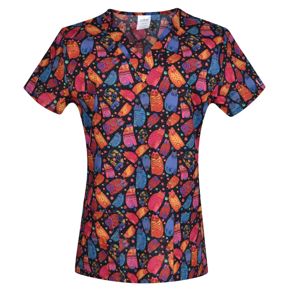 Hennar Women Scrub Top With V-Neck 100% Cotton Print Surgical Medical Uniforms Vet Scrub Tops Cats Dogs Animals