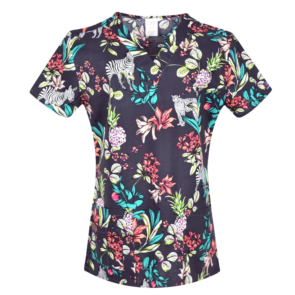 Hennar Women Scrub Top With V-Neck 100% Cotton Print Surgical Medical Uniforms Vet Scrub Tops Cats Dogs Animals