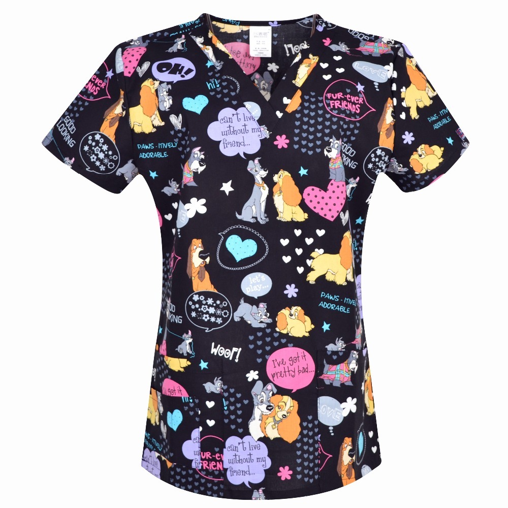 Hennar Women Scrub Top With V-Neck 100% Cotton Print Surgical Medical Uniforms Vet Scrub Tops Cats Dogs Animals