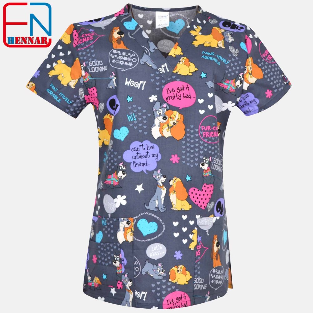 Hennar Women Scrub Top With V-Neck 100% Cotton Print Surgical Medical Uniforms Vet Scrub Tops Cats Dogs Animals