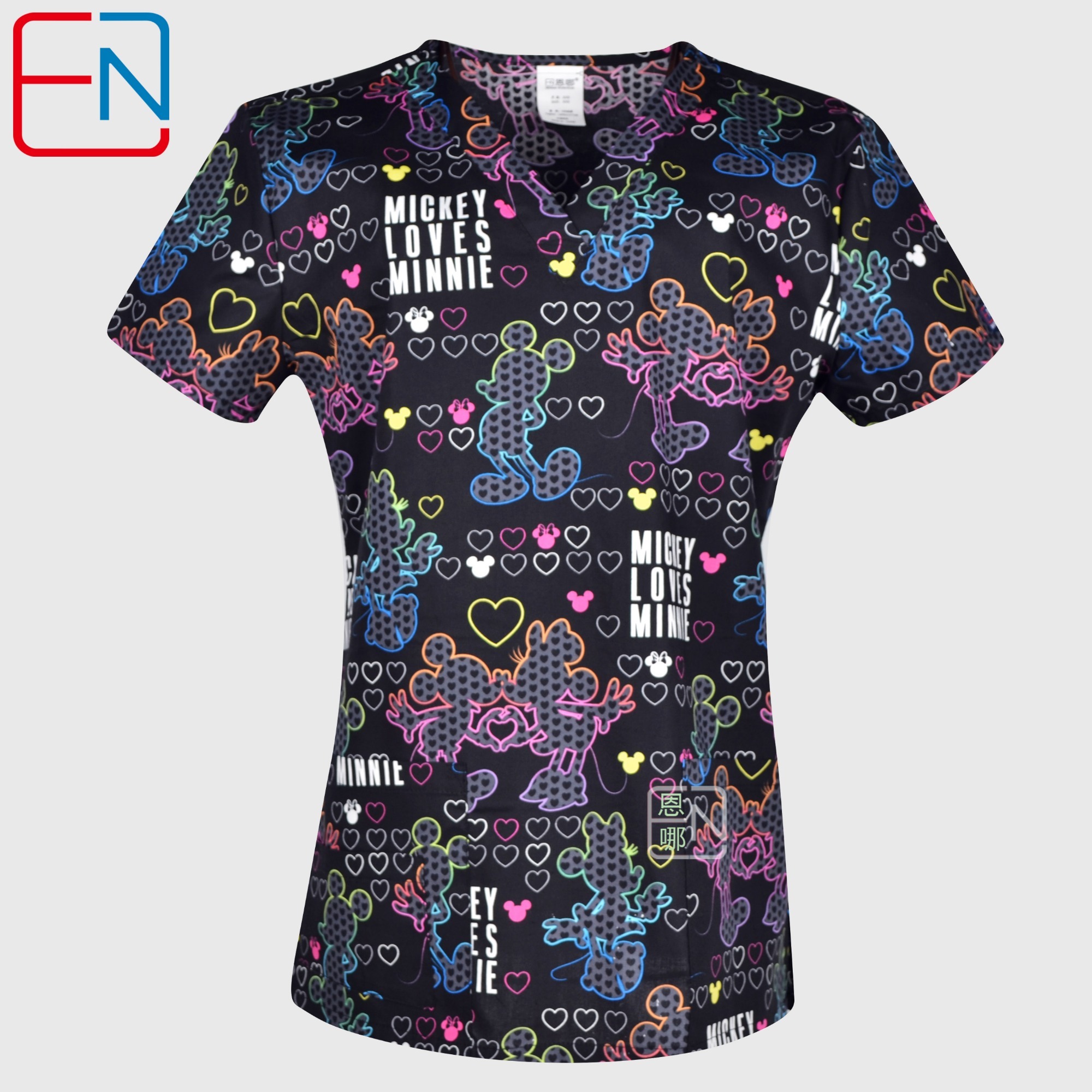 Hennar Women Stretchy Medical Scrub Top With V-Neck 100% Cotton Print Surgical Medical Uniforms Hospital Nurse Scrub Tops