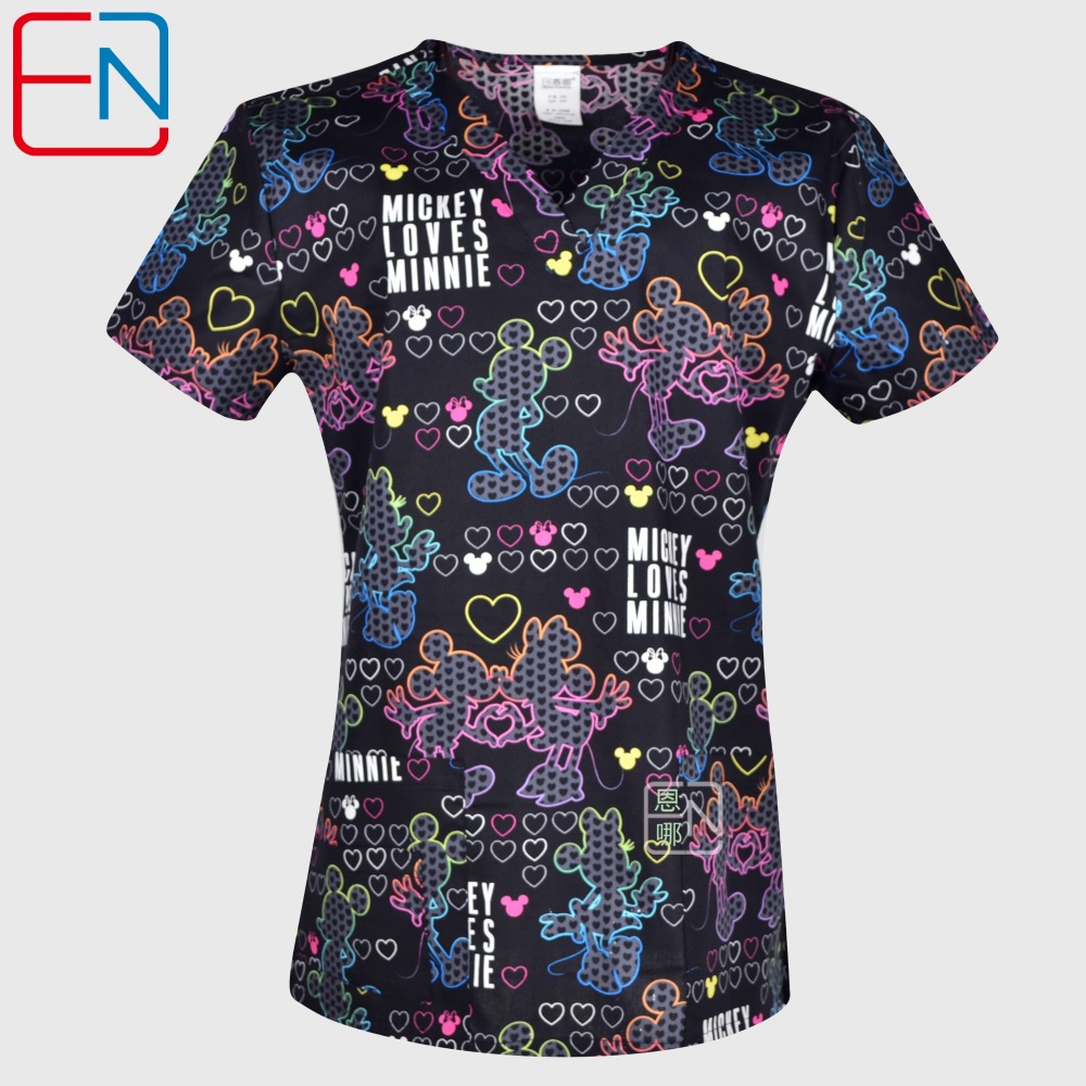 Hennar Women Stretchy Medical Scrub Top With V-Neck 100% Cotton Print Surgical Medical Uniforms Hospital Nurse Scrub Tops