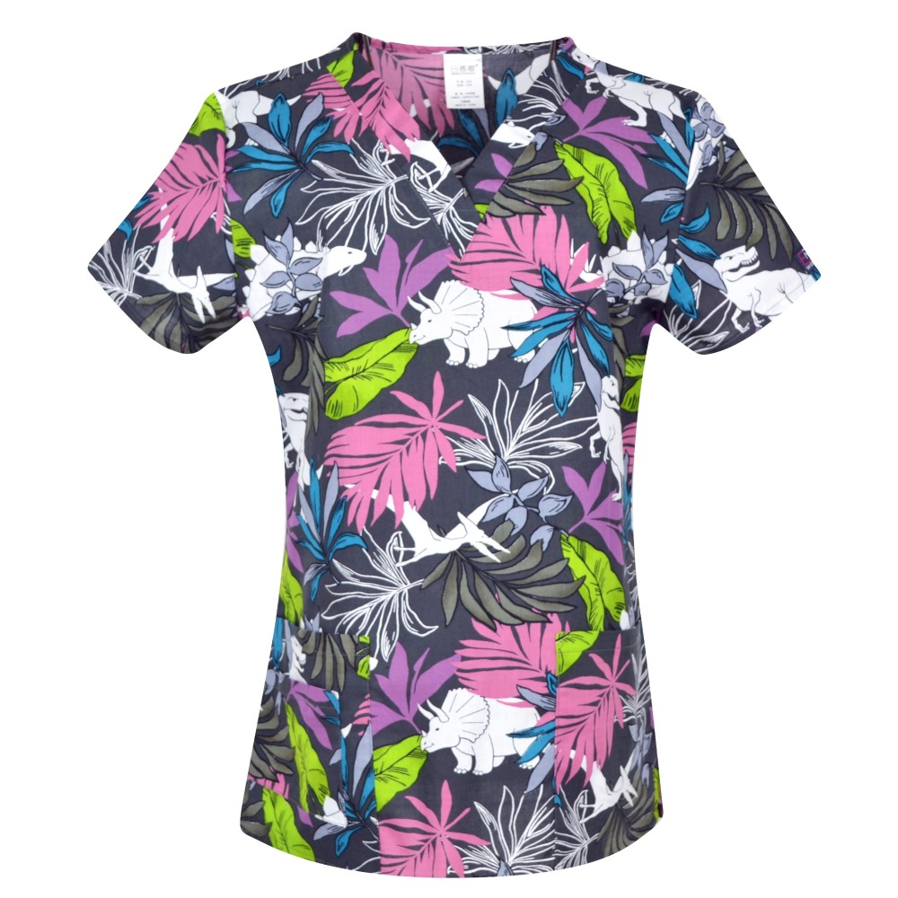 Hennar Women Scrub Top With V-Neck 100% Cotton Print Surgical Medical Uniforms Vet Scrub Tops Cats Dogs Animals
