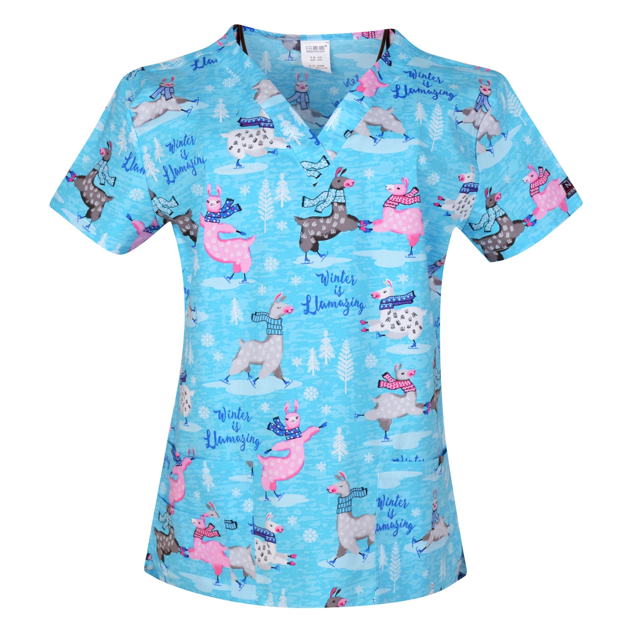 Hennar Women Scrub Top With V-Neck 100% Cotton Print Surgical Medical Uniforms Vet Scrub Tops Cats Dogs Animals