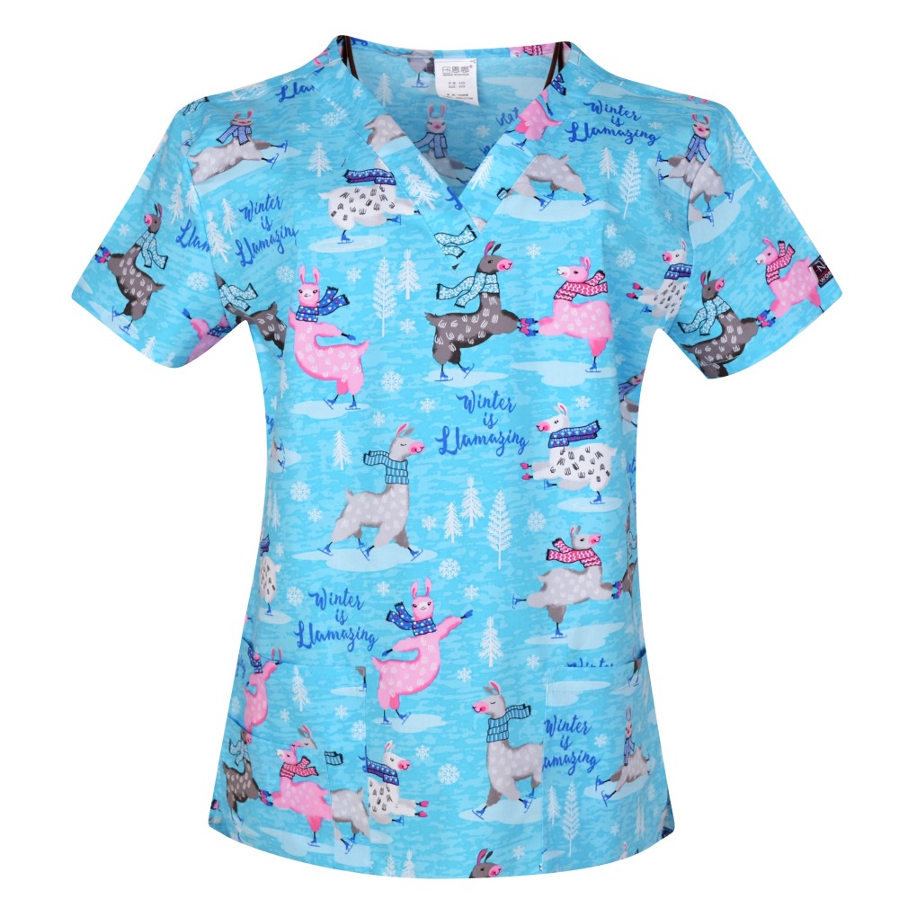 Hennar Women Scrub Top With V-Neck 100% Cotton Print Surgical Medical Uniforms Vet Scrub Tops Cats Dogs Animals