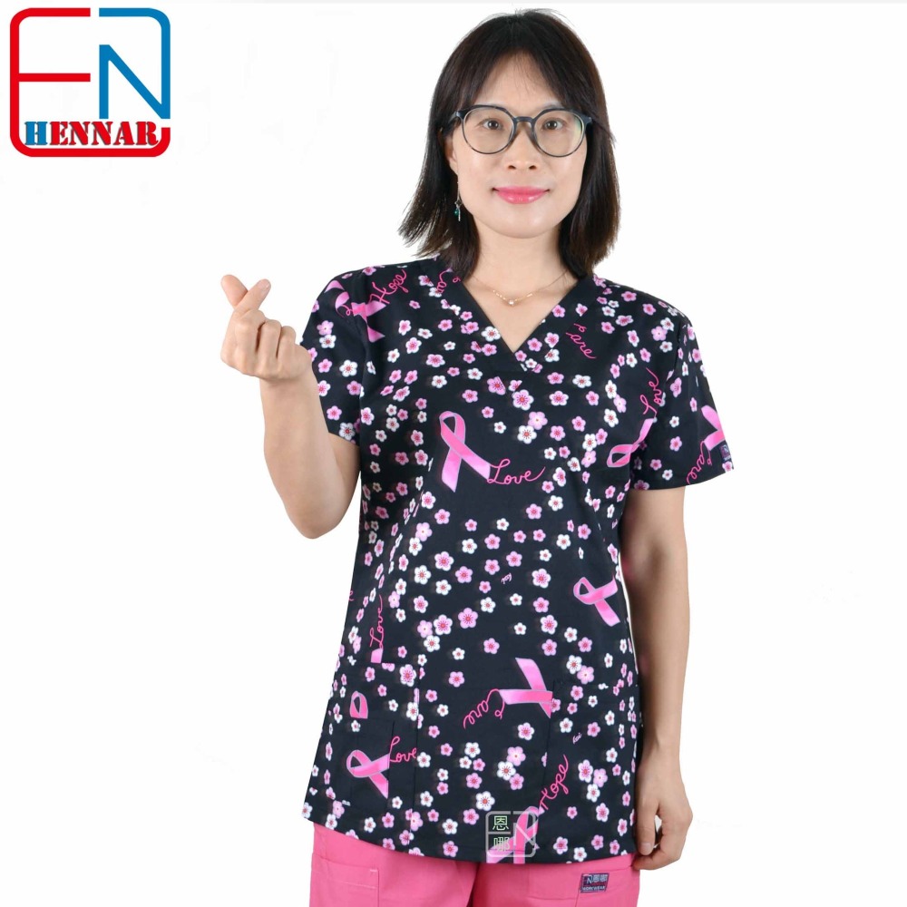 Hennar Women Stretchy Medical Scrub Top With V-Neck 100% Cotton Print Surgical Medical Uniforms Hospital Nurse Scrub Tops
