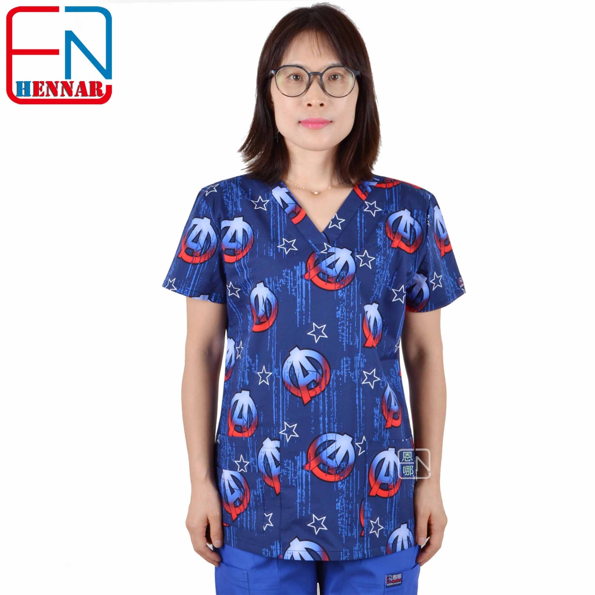 Hennar Women Stretchy Medical Scrub Top With V-Neck 100% Cotton Print Surgical Medical Uniforms Hospital Nurse Scrub Tops