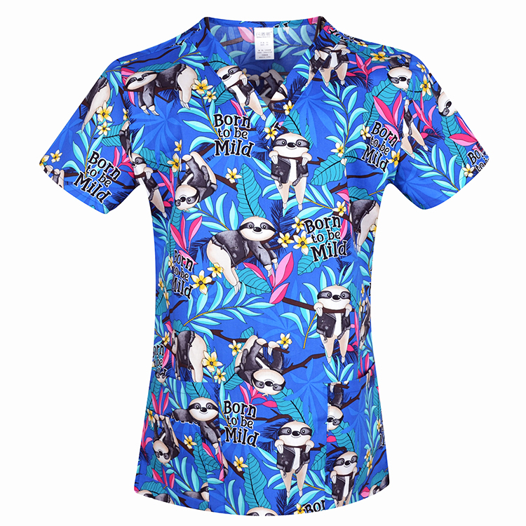 Hennar Women Stretchy Medical Scrub Top With V-Neck 100% Cotton Print Surgical Medical Uniforms Hospital Nurse Scrub Tops