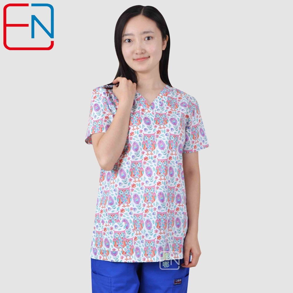 Hennar Women Stretchy Medical Scrub Top With V-Neck 100% Cotton Print Surgical Medical Uniforms Hospital Nurse Scrub Tops