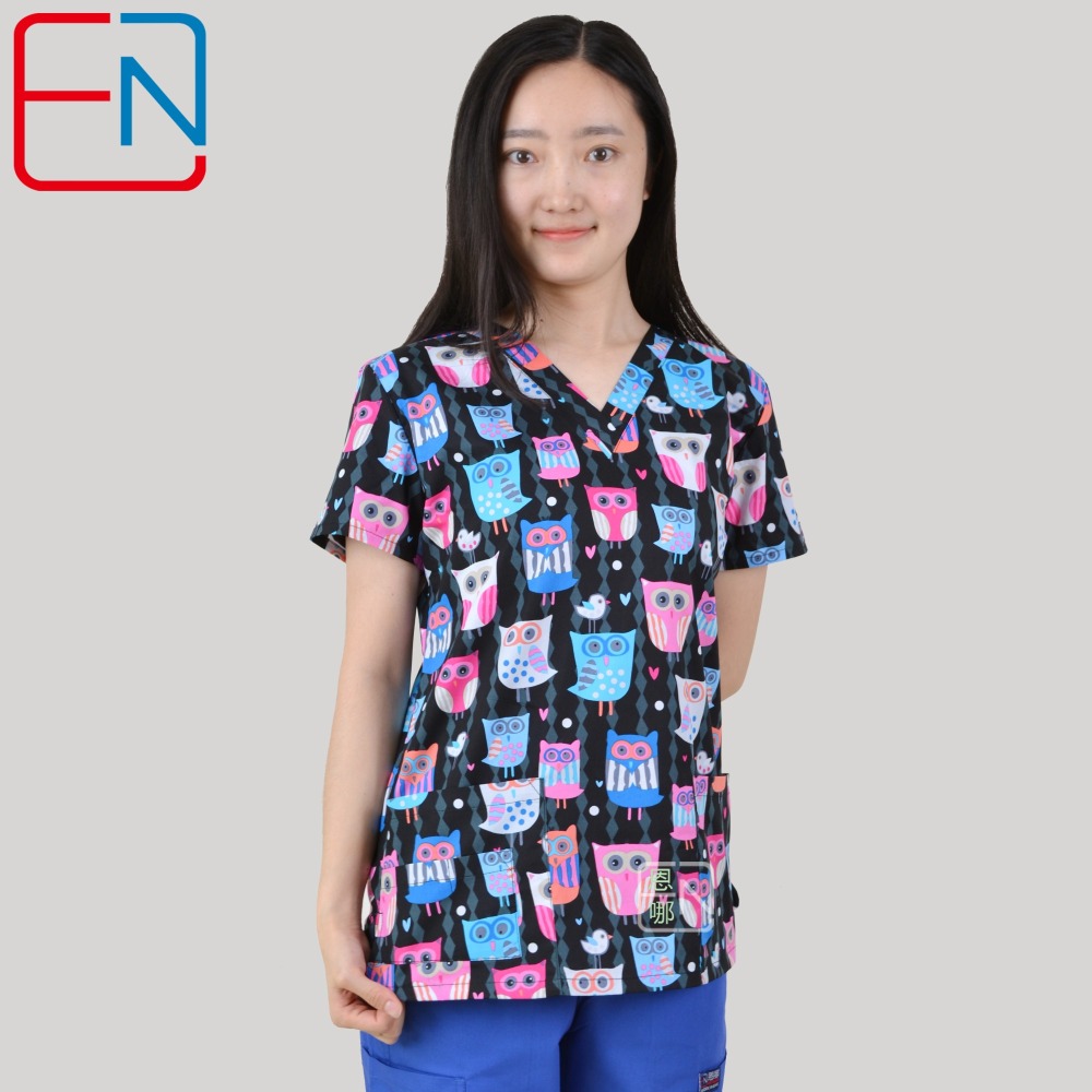 Hennar Women Scrub Top With V-Neck 100% Cotton Print Surgical Medical Uniforms Hospital Nurse Scrub Tops For Women Owl Serials