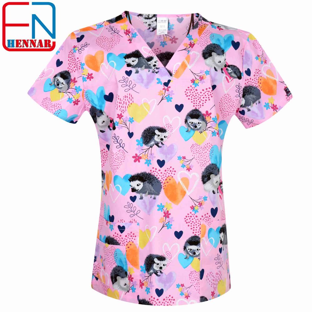Hennar Women Stretchy Medical Scrub Top With V-Neck 100% Cotton Print Surgical Medical Uniforms Hospital Nurse Scrub Tops