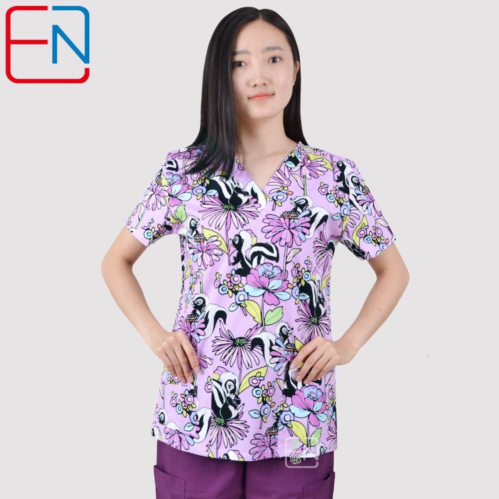Hennar Women Scrub Top With V-Neck 100% Cotton Print Surgical Medical Uniforms Vet Scrub Tops Cats Dogs Animals