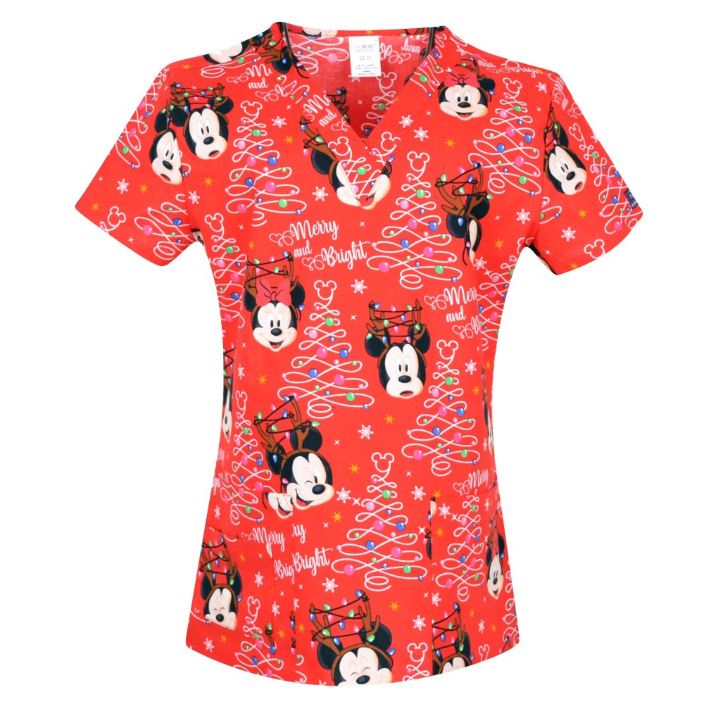 Hennar Women Stretchy Medical Scrub Top With V-Neck 100% Cotton Print Surgical Medical Uniforms Hospital Nurse Scrub Tops