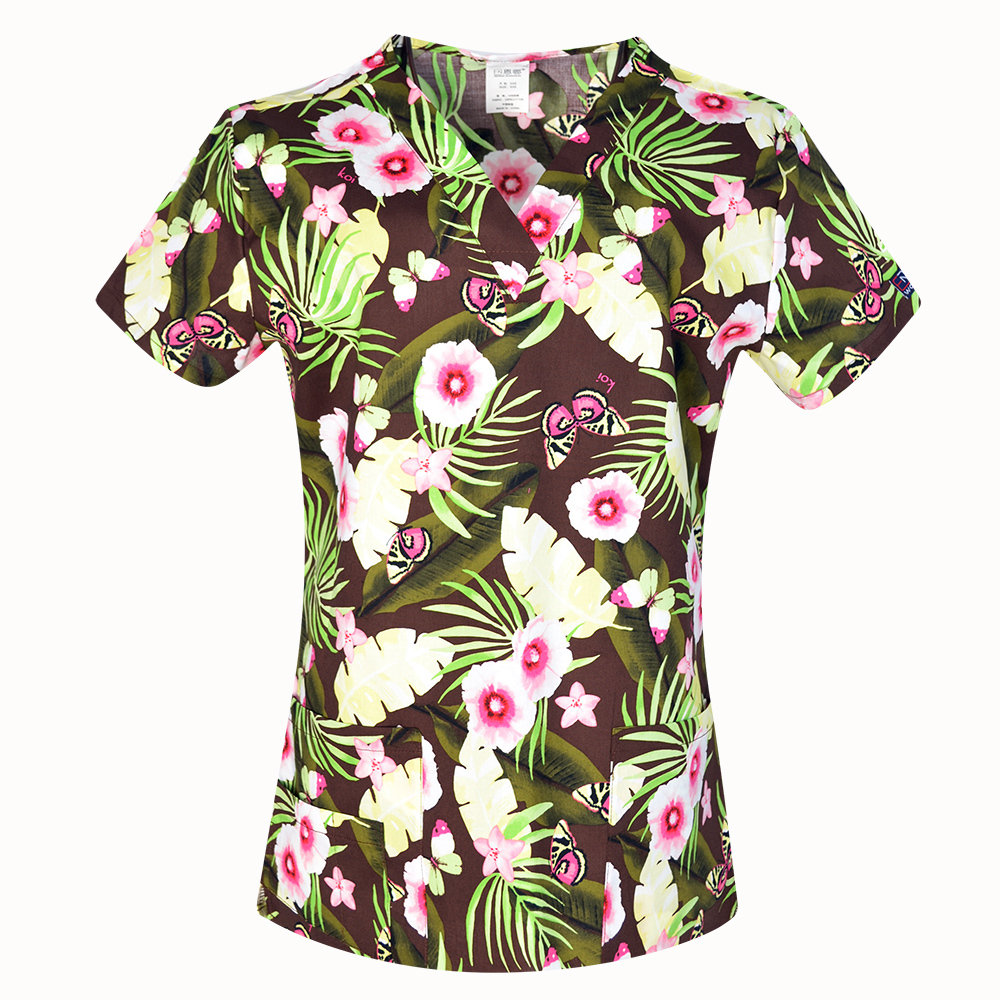 Hennar Women Stretchy Medical Scrub Top With V-Neck 100% Cotton Print Surgical Medical Uniforms Hospital Nurse Scrub Tops