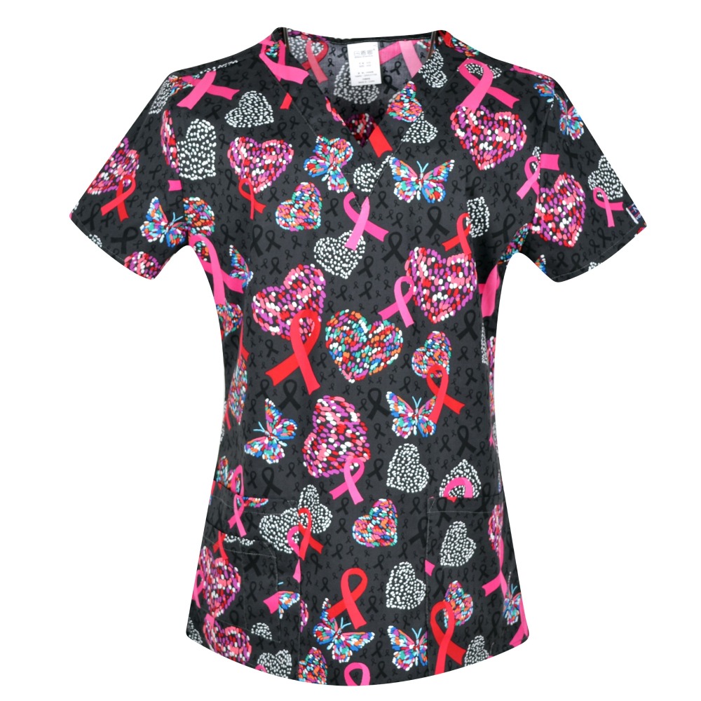 Hennar Women Stretchy Medical Scrub Top With V-Neck 100% Cotton Print Surgical Medical Uniforms Hospital Nurse Scrub Tops