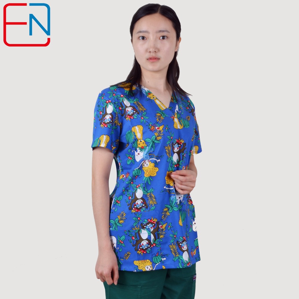 Hennar Women Scrub Top With V-Neck 100% Cotton Print Surgical Medical Uniforms Vet Scrub Tops Cats Dogs Animals