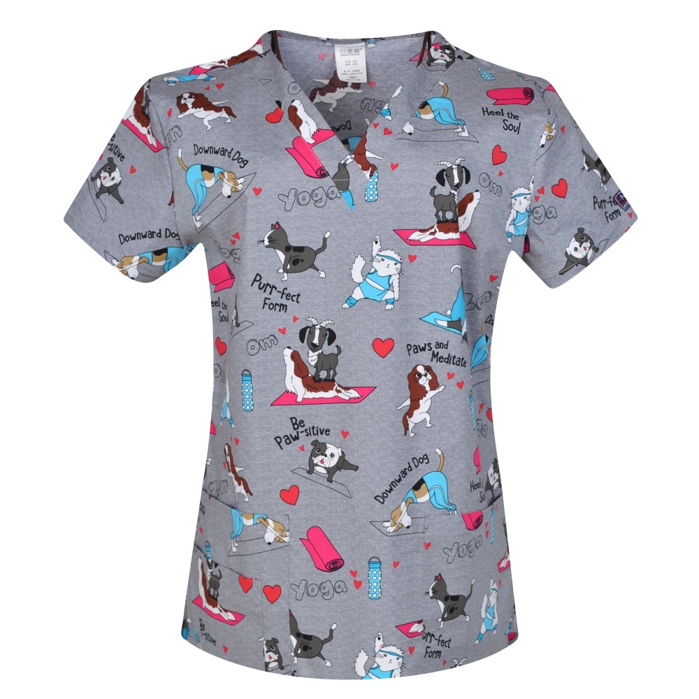 Hennar Women Stretchy Medical Scrub Top With V-Neck 100% Cotton Print Surgical Medical Uniforms Hospital Nurse Scrub Tops