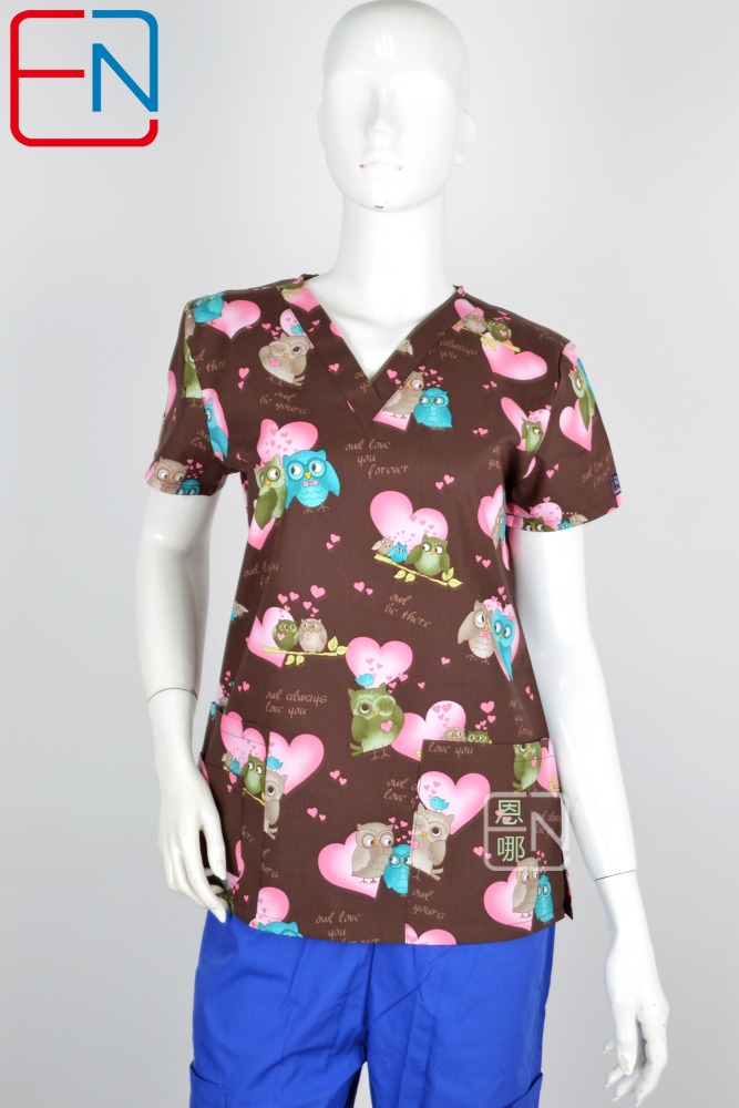 Hennar Women Scrub Top With V-Neck 100% Cotton Print Surgical Medical Uniforms Hospital Nurse Scrub Tops For Women Owl Serials