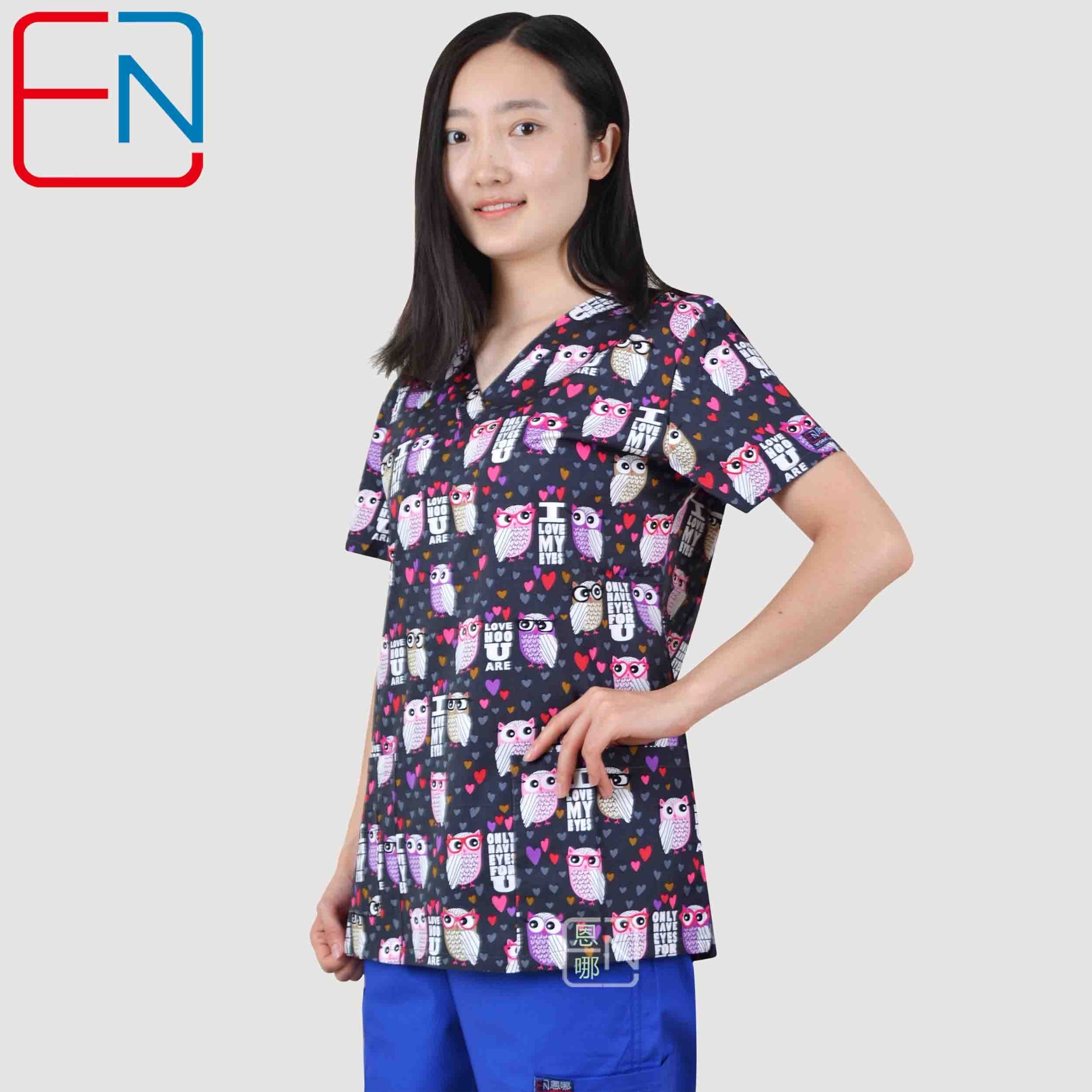 Hennar Women Stretchy Medical Scrub Top With V-Neck 100% Cotton Print Surgical Medical Uniforms Hospital Nurse Scrub Tops