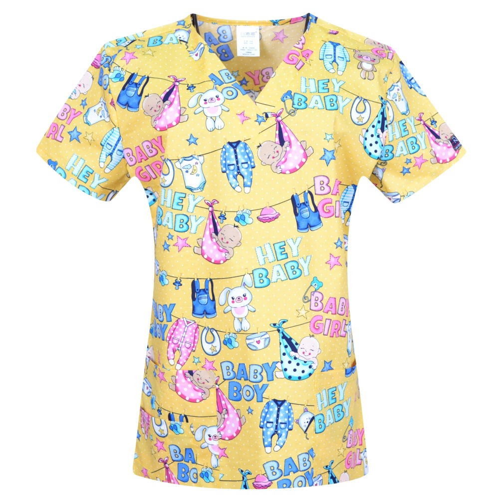 Hennar Women Stretchy Medical Scrub Top With V-Neck 100% Cotton Print Surgical Medical Uniforms Hospital Nurse Scrub Tops