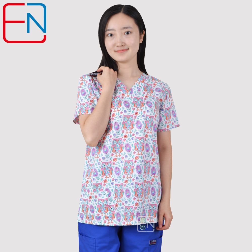 Hennar Women Scrub Top With V-Neck 100% Cotton Print Surgical Medical Uniforms Hospital Nurse Scrub Tops For Women Owl Serials