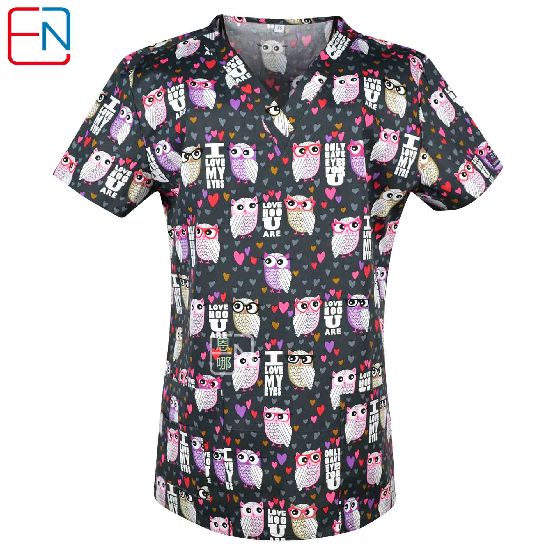Hennar Women Scrub Top With V-Neck 100% Cotton Print Surgical Medical Uniforms Hospital Nurse Scrub Tops For Women Owl Serials