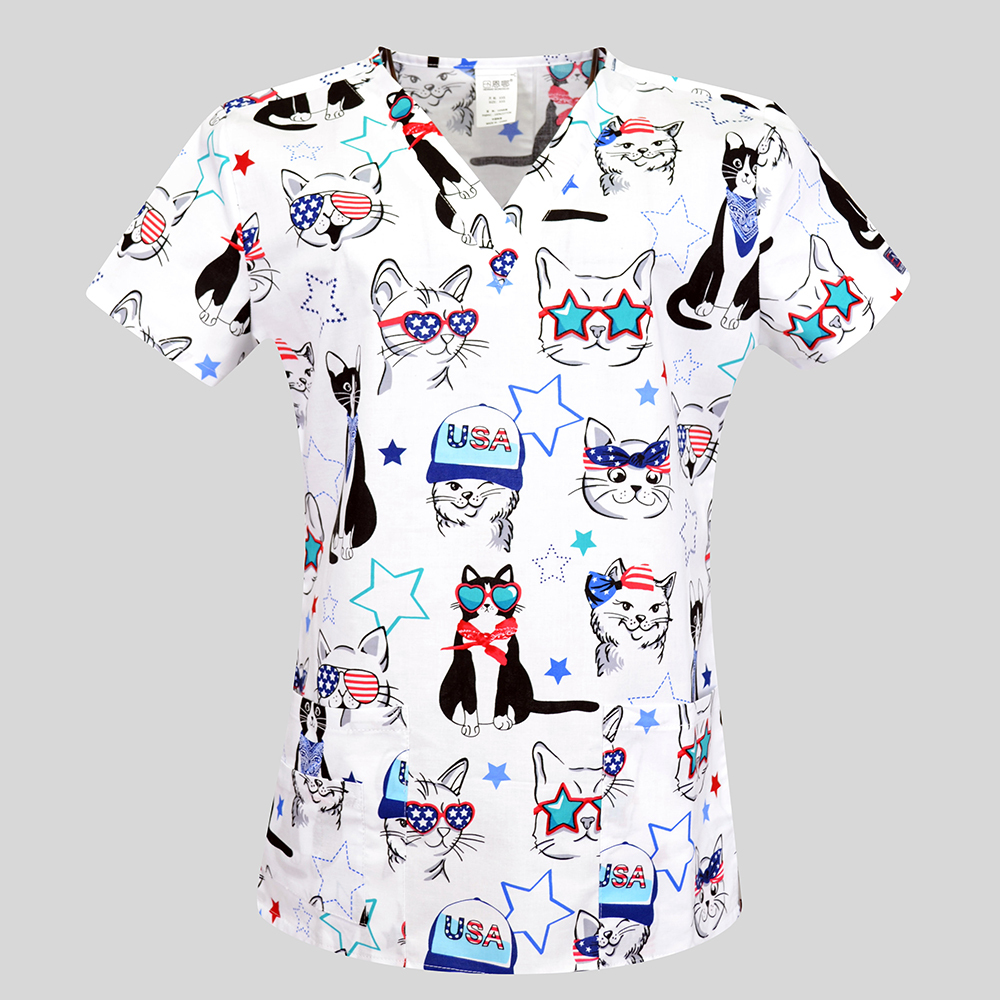 Hennar Women Scrub Top With V-Neck 100% Cotton Print Surgical Medical Uniforms Vet Scrub Tops Cats Dogs Animals