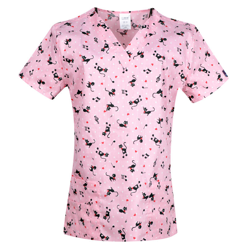 Hennar Women Scrub Top With V-Neck 100% Cotton Print Surgical Medical Uniforms Vet Scrub Tops Cats Dogs Animals