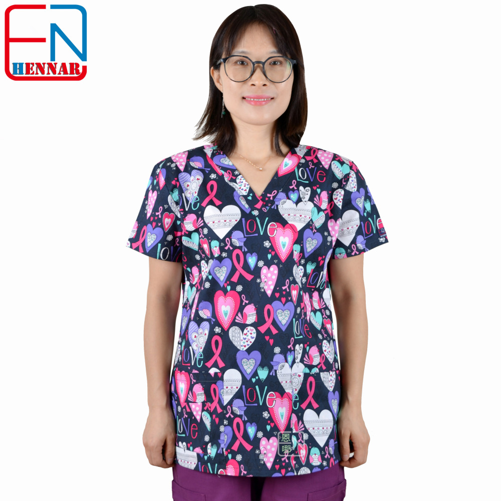 Hennar Medical Scrub Tops in 100% Cotton Hearts Ribbons Medical Things
