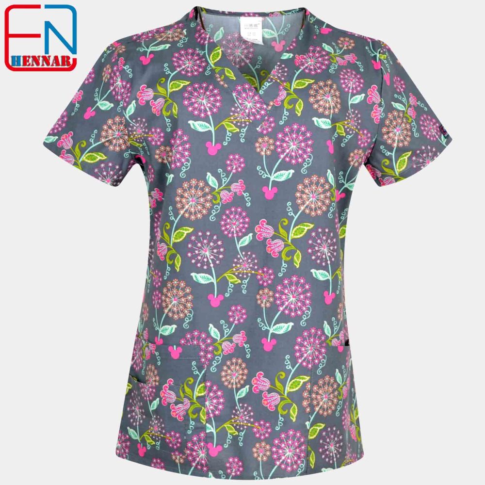 Hennar Women medical scrub tops in 100% cotton scrubs,women scrub tops,women medical uniforms Cartoon 1