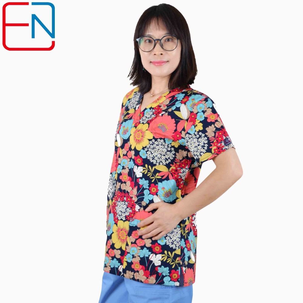 Hennar Women Medical Scrub Tops in 100% Cotton Scrubs Tops,Women Medical Uniforms Floral 2
