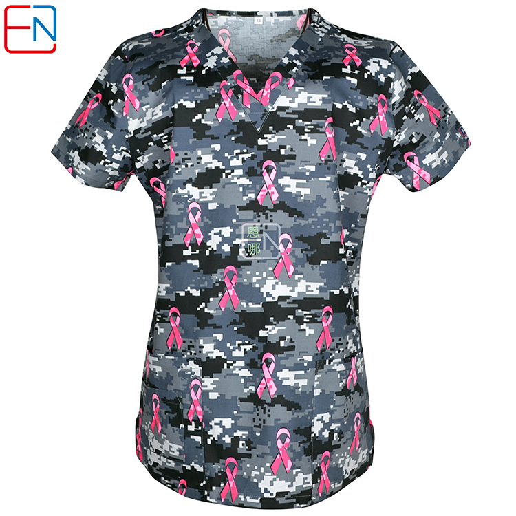 Hennar Medical Scrub Tops in 100% Cotton Hearts Ribbons Medical Things