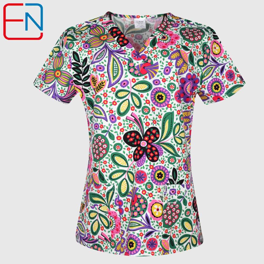 Hennar Women Medical Scrub Tops in 100% Cotton Scrubs Tops,Women Medical Uniforms Floral 1