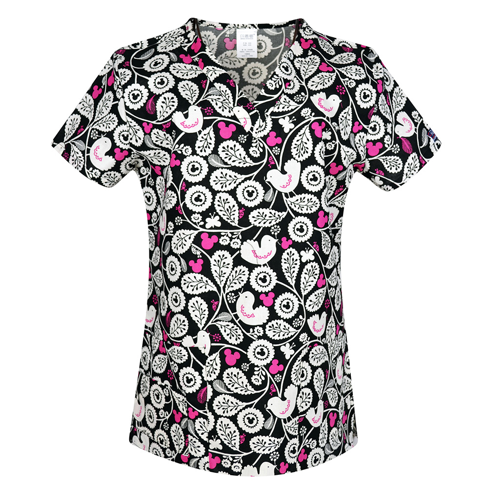 Hennar Women Medical Scrub Tops in 100% Cotton Scrubs Tops,Women Medical Uniforms Floral 2