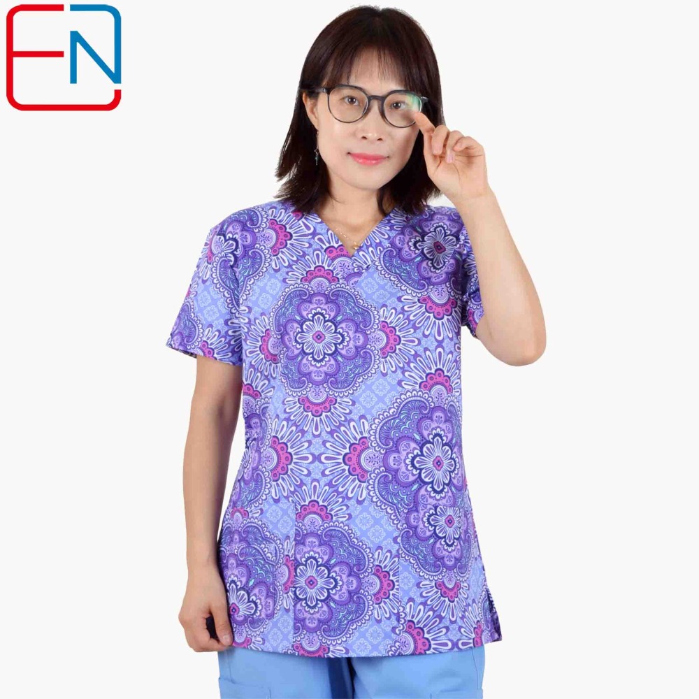Hennar Women Medical Scrub Tops in 100% Cotton Scrubs Tops,Women Medical Uniforms Floral 2