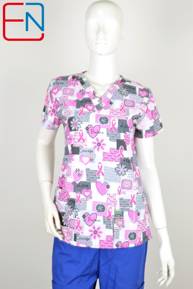 Hennar Medical Scrub Tops in 100% Cotton Hearts Ribbons Medical Things