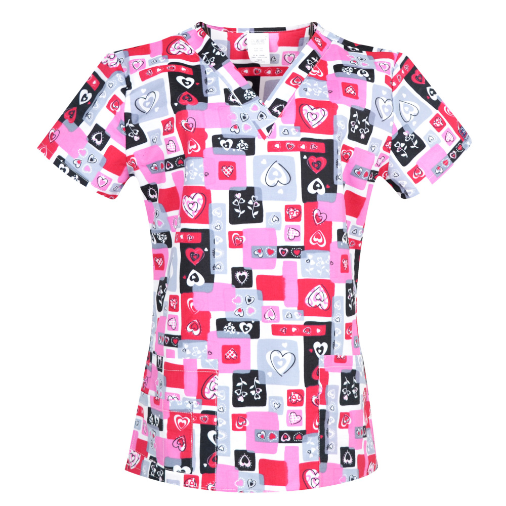 Hennar Medical Scrub Tops in 100% Cotton Hearts Ribbons Medical Things