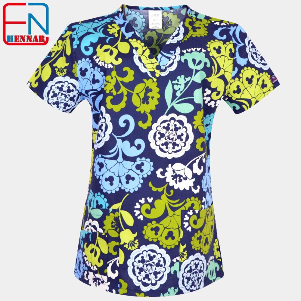 Hennar Women medical scrub tops in 100% cotton scrubs,women scrub tops,women medical uniforms Cartoon 1