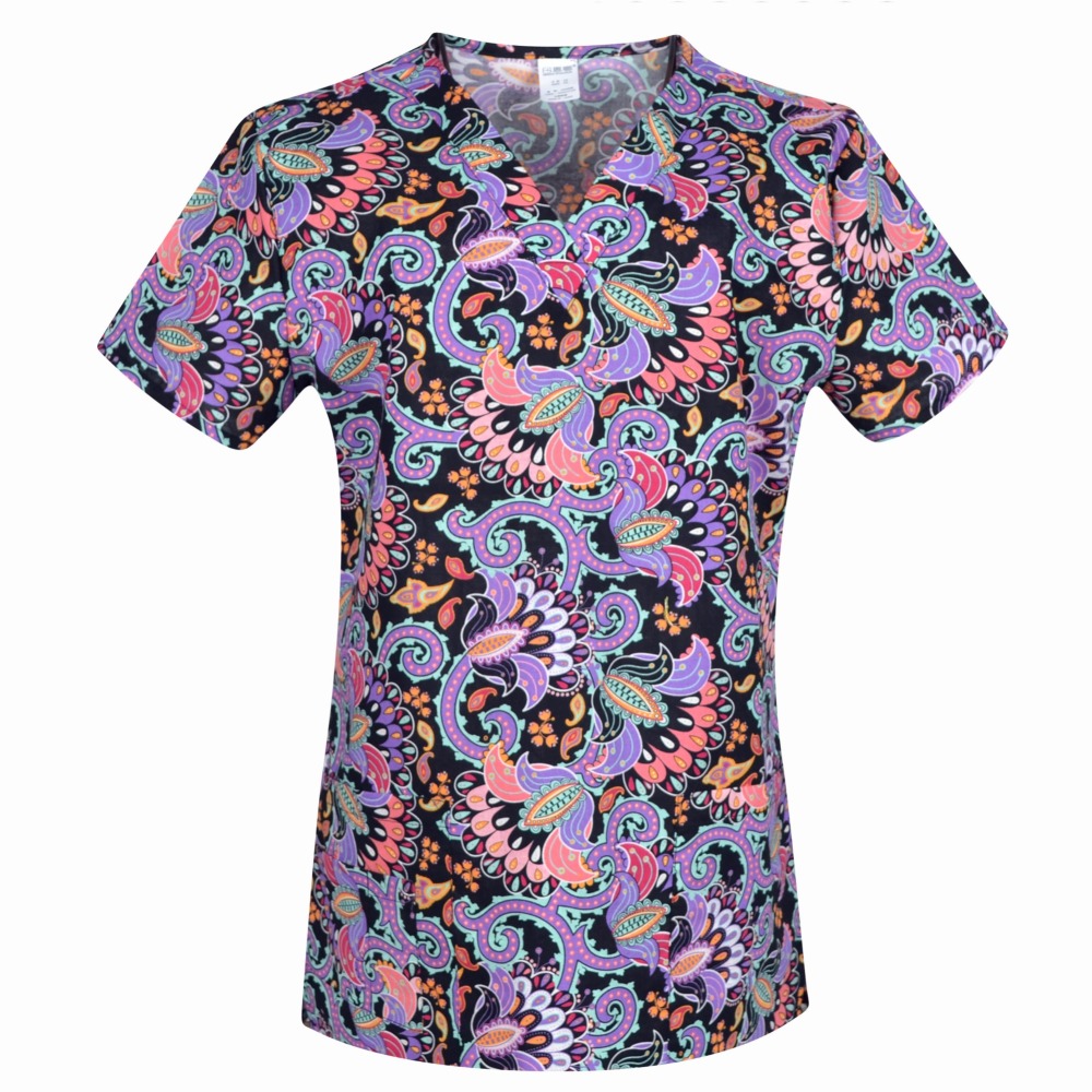 Hennar Women Medical Scrub Tops in 100% Cotton Scrubs Tops,Women Medical Uniforms Floral 1
