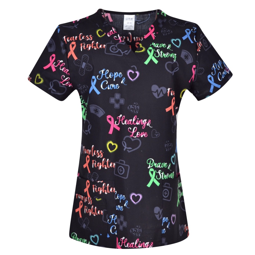 Hennar Medical Scrub Tops in 100% Cotton Hearts Ribbons Medical Things