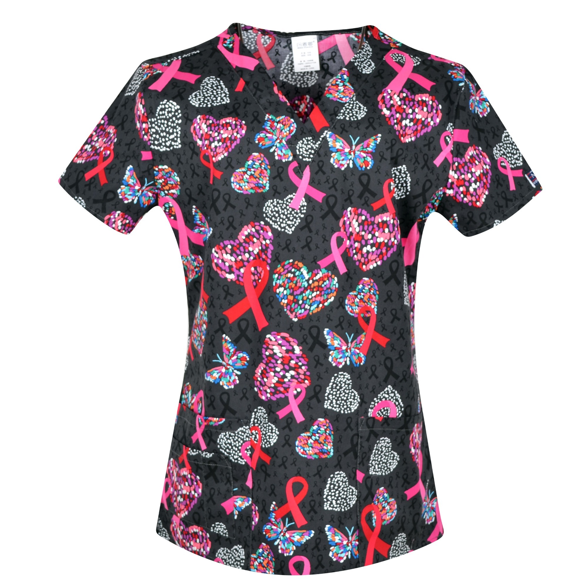 Hennar Medical Scrub Tops in 100% Cotton Hearts Ribbons Medical Things