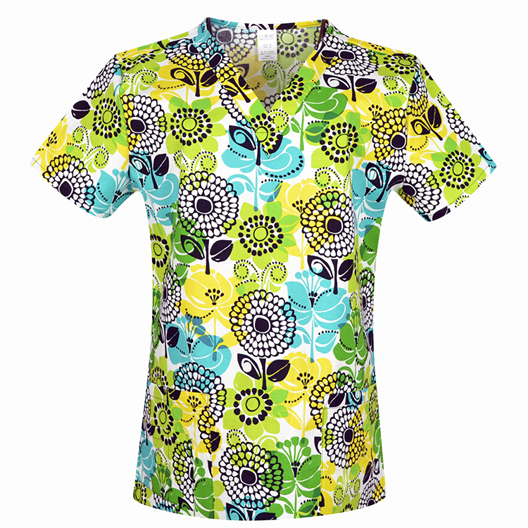 Hennar Women Medical Scrub Tops in 100% Cotton Scrubs Tops,Women Medical Uniforms Floral 2